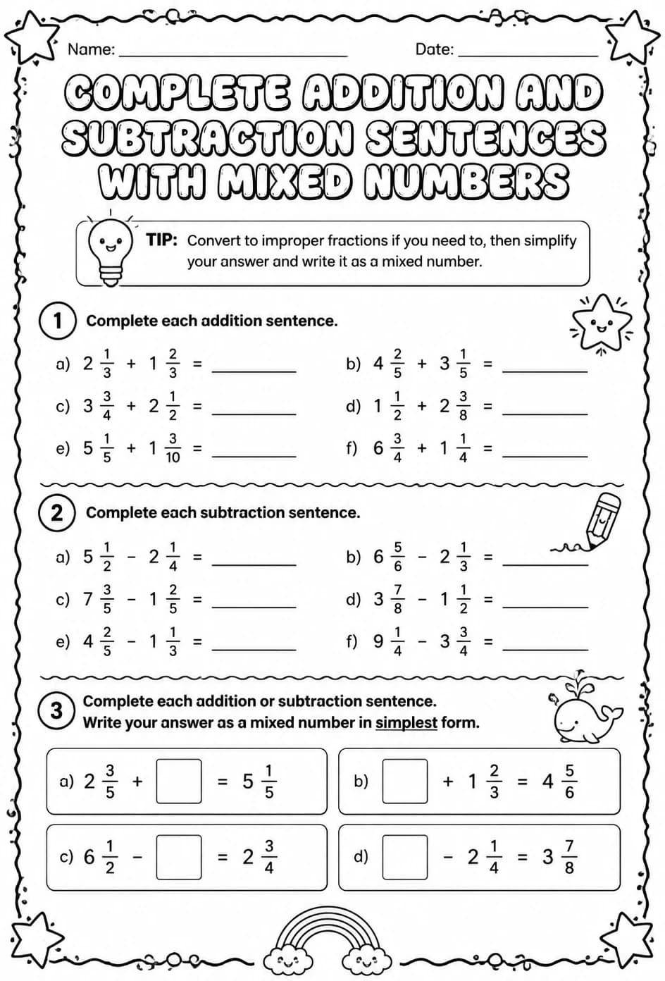 Complete addition and subtraction sentences with mixed numbers — free printable Grade 5 math worksheet