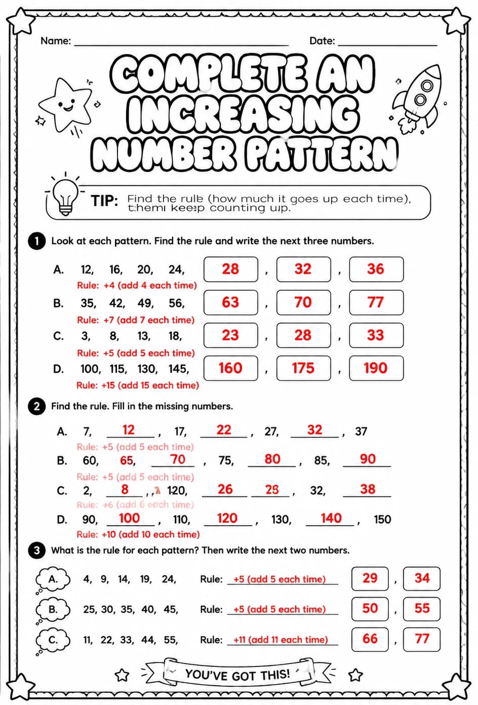 Answer key for Complete an increasing number pattern — free printable Math worksheet