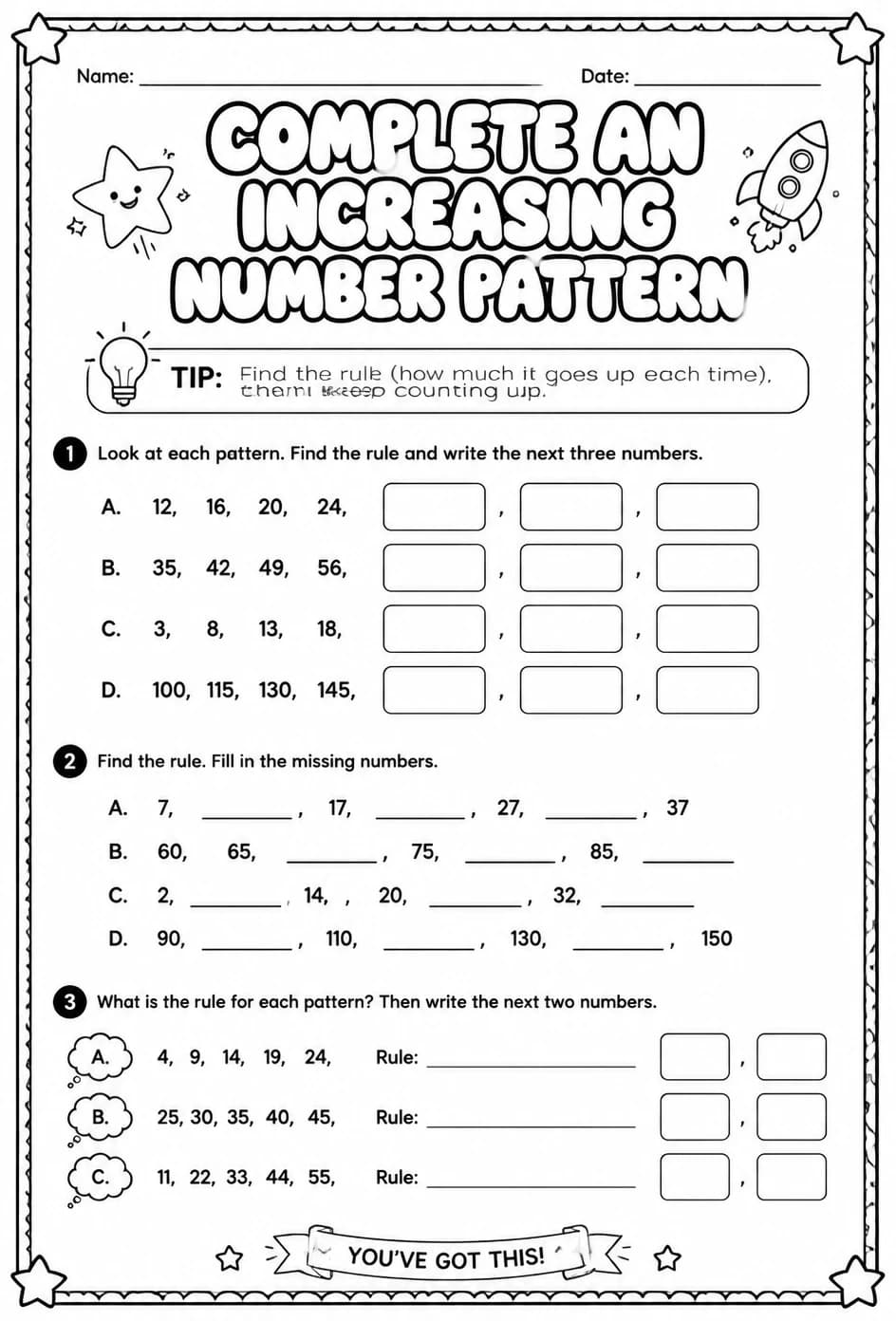 Complete an increasing number pattern — free printable Grade 4 math worksheet