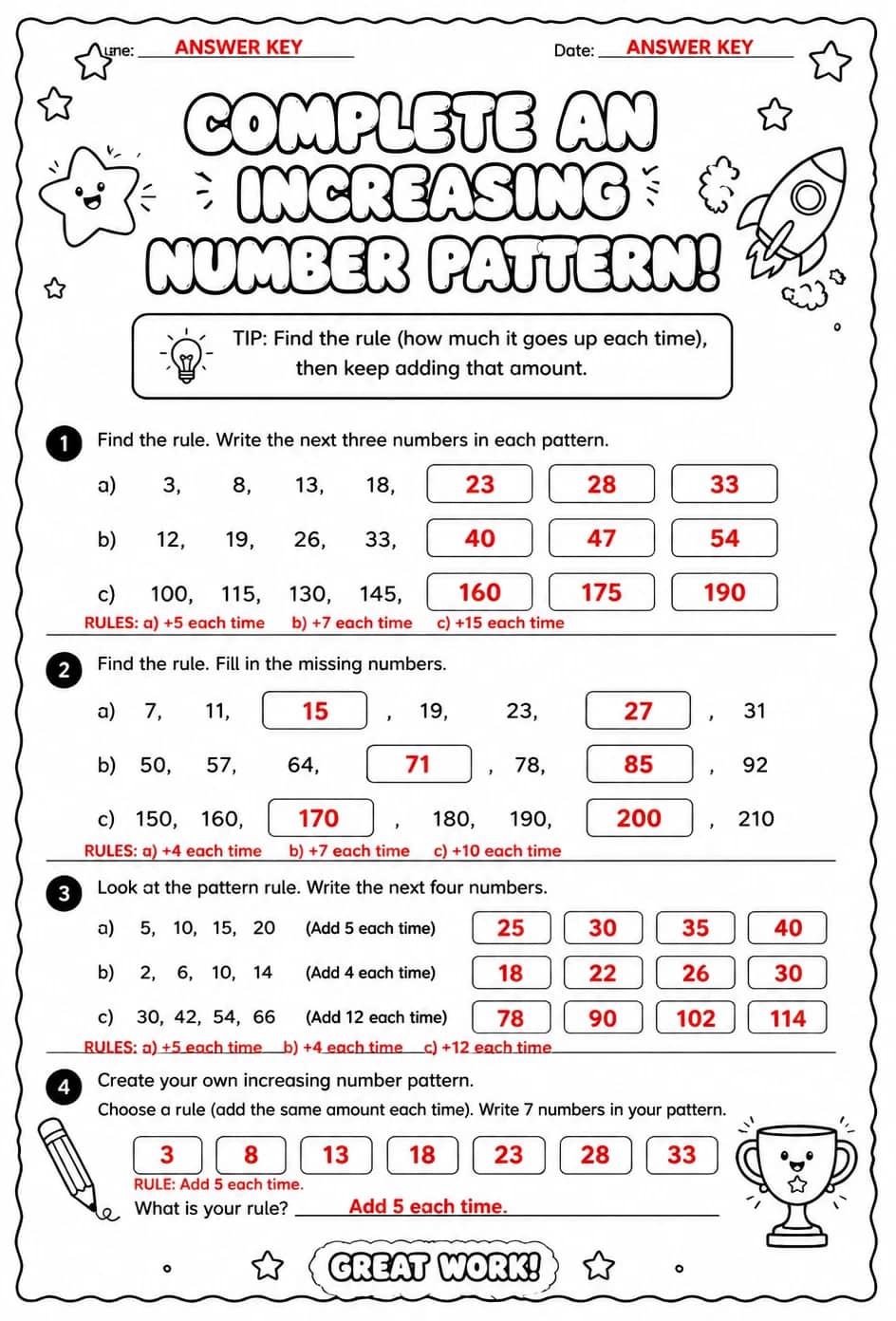 Answer key for Complete an increasing number pattern — free printable Math worksheet