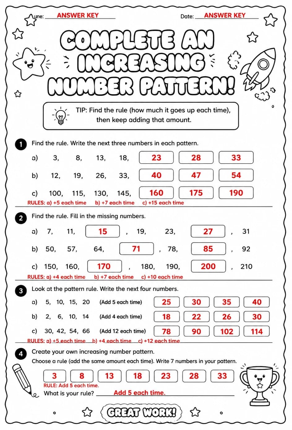 Answer key for Complete an increasing number pattern — free printable Math worksheet