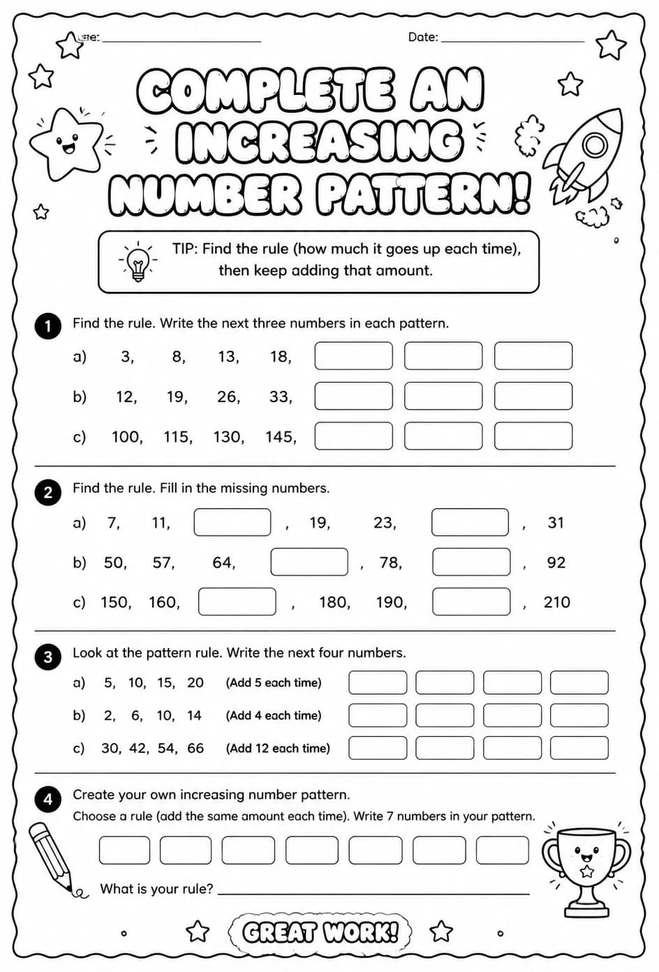 Complete an increasing number pattern — free printable Grade 5 math worksheet