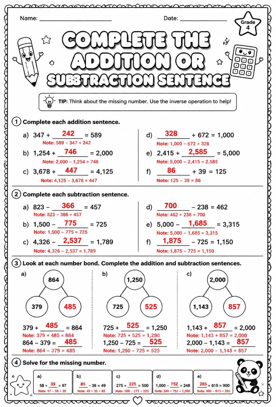 Answer key for Complete the addition or subtraction sentence — free printable Math worksheet