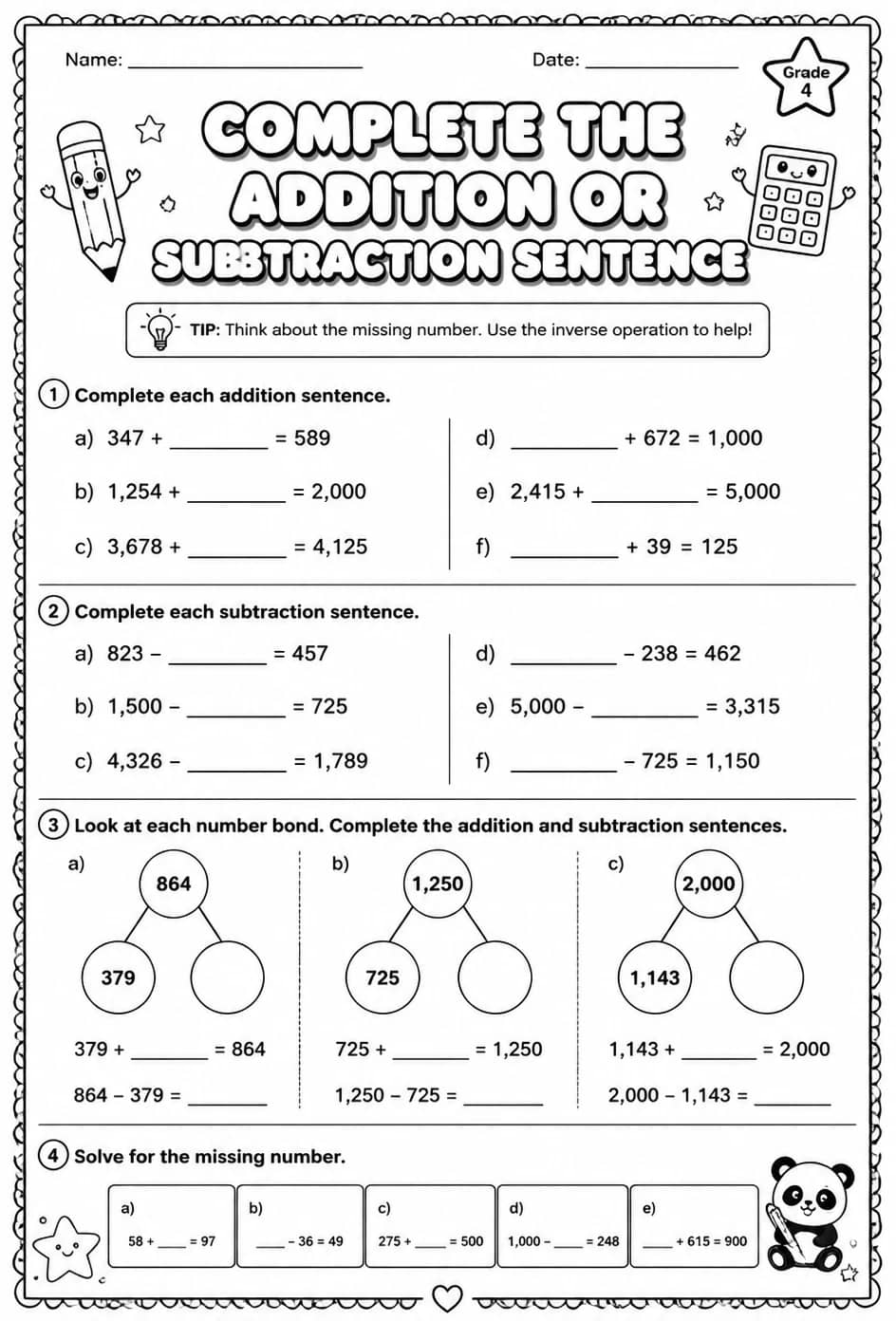 Complete the addition or subtraction sentence — free printable Grade 4 math worksheet