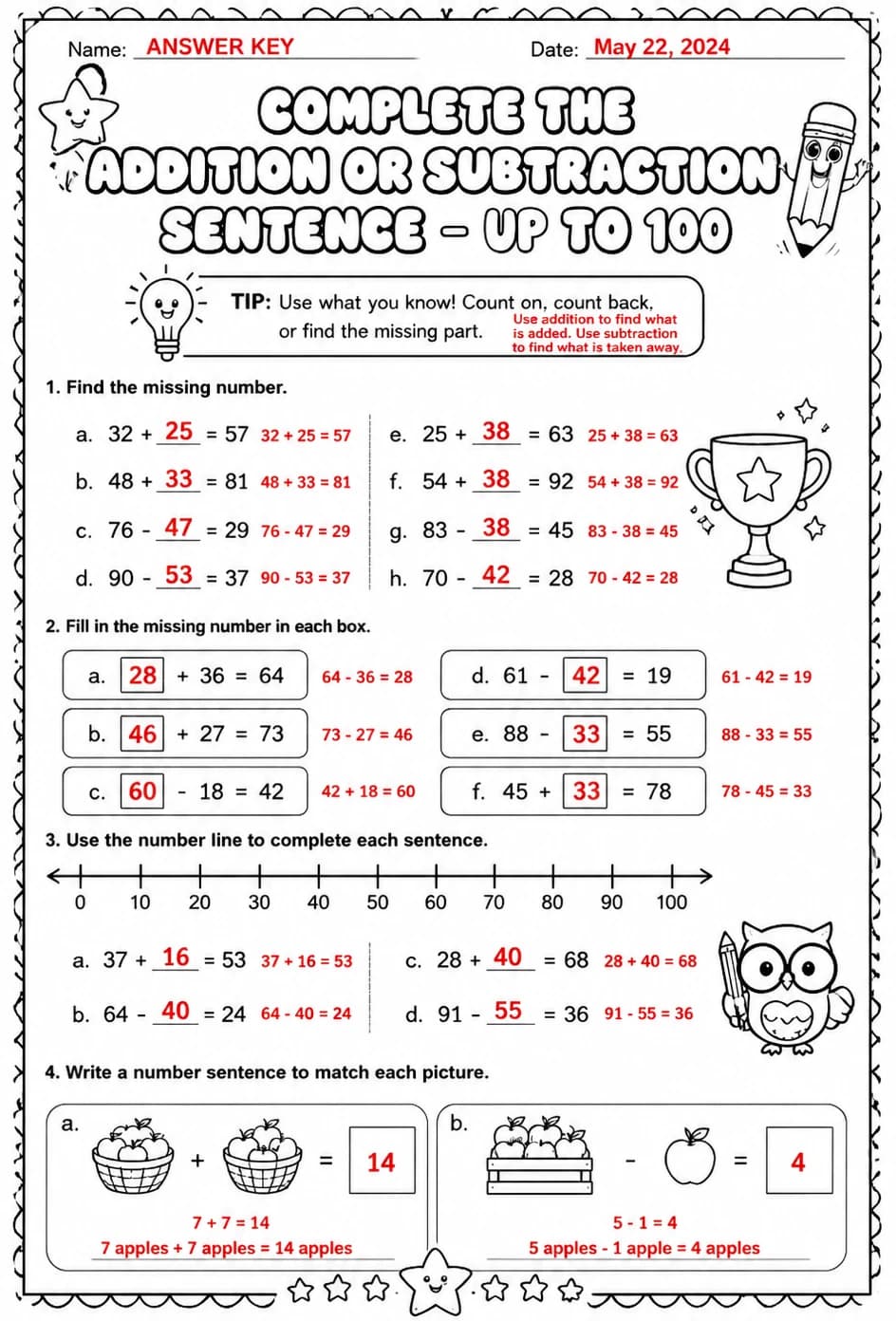 Answer key for Complete the addition or subtraction sentence - up to 100 — free printable Math worksheet