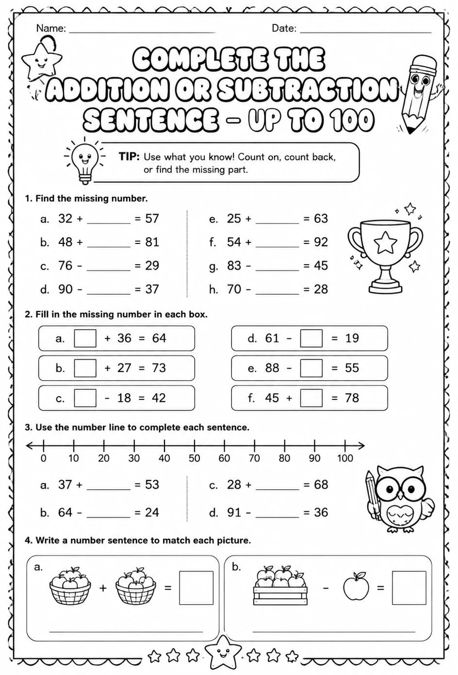 Complete the addition or subtraction sentence - up to 100 — free printable Grade 2 math worksheet