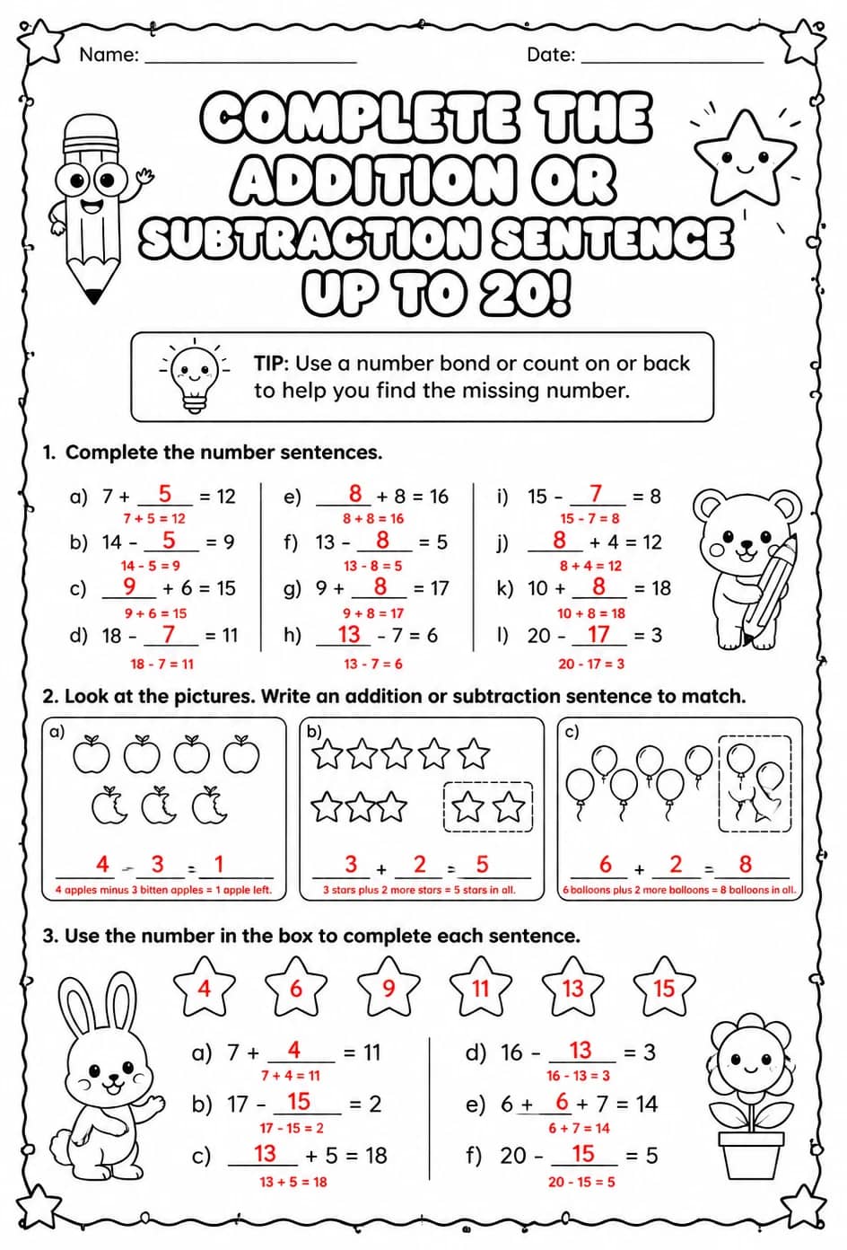Answer key for Complete the addition or subtraction sentence - up to 20 — free printable Math worksheet