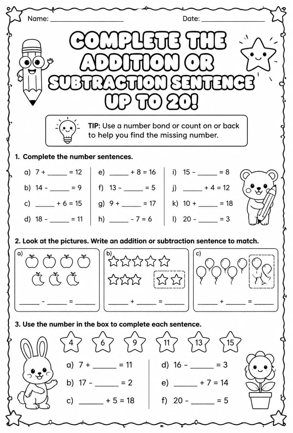 Complete the addition or subtraction sentence - up to 20 — free printable Grade 1 math worksheet