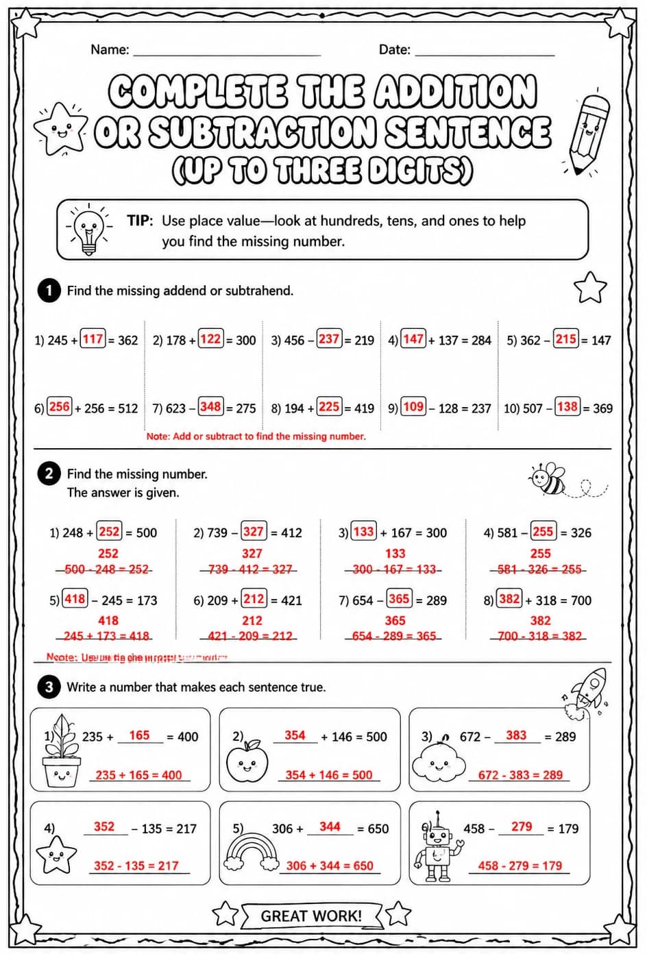 Answer key for Complete the addition or subtraction sentence: up to three digits — free printable Math worksheet
