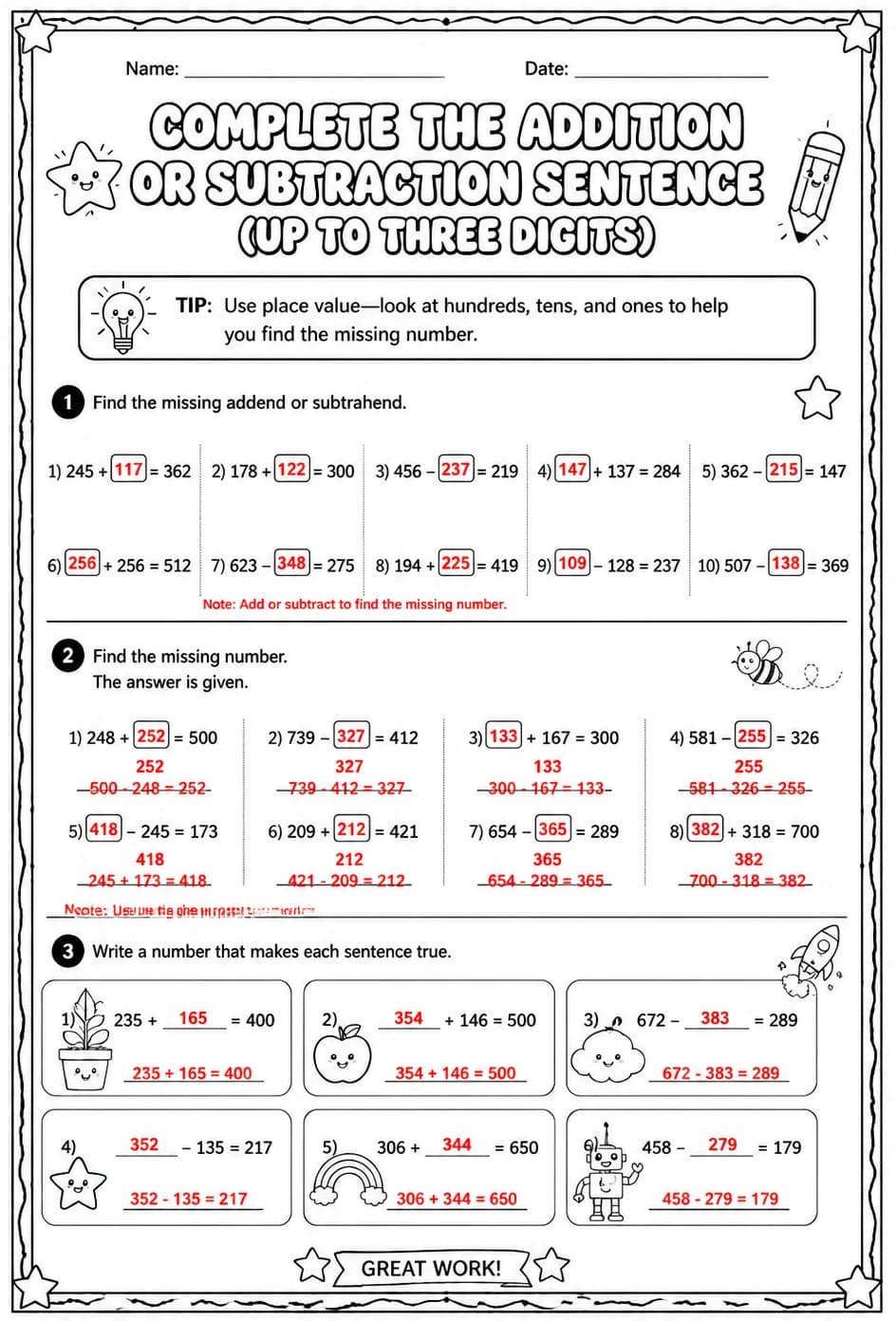 Answer key for Complete the addition or subtraction sentence: up to three digits — free printable Math worksheet
