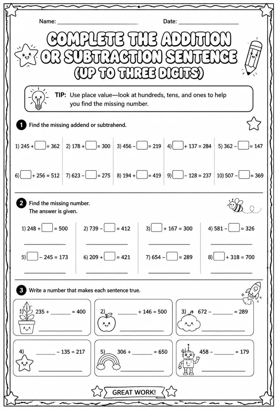 Complete the addition or subtraction sentence: up to three digits — free printable Grade 3 math worksheet
