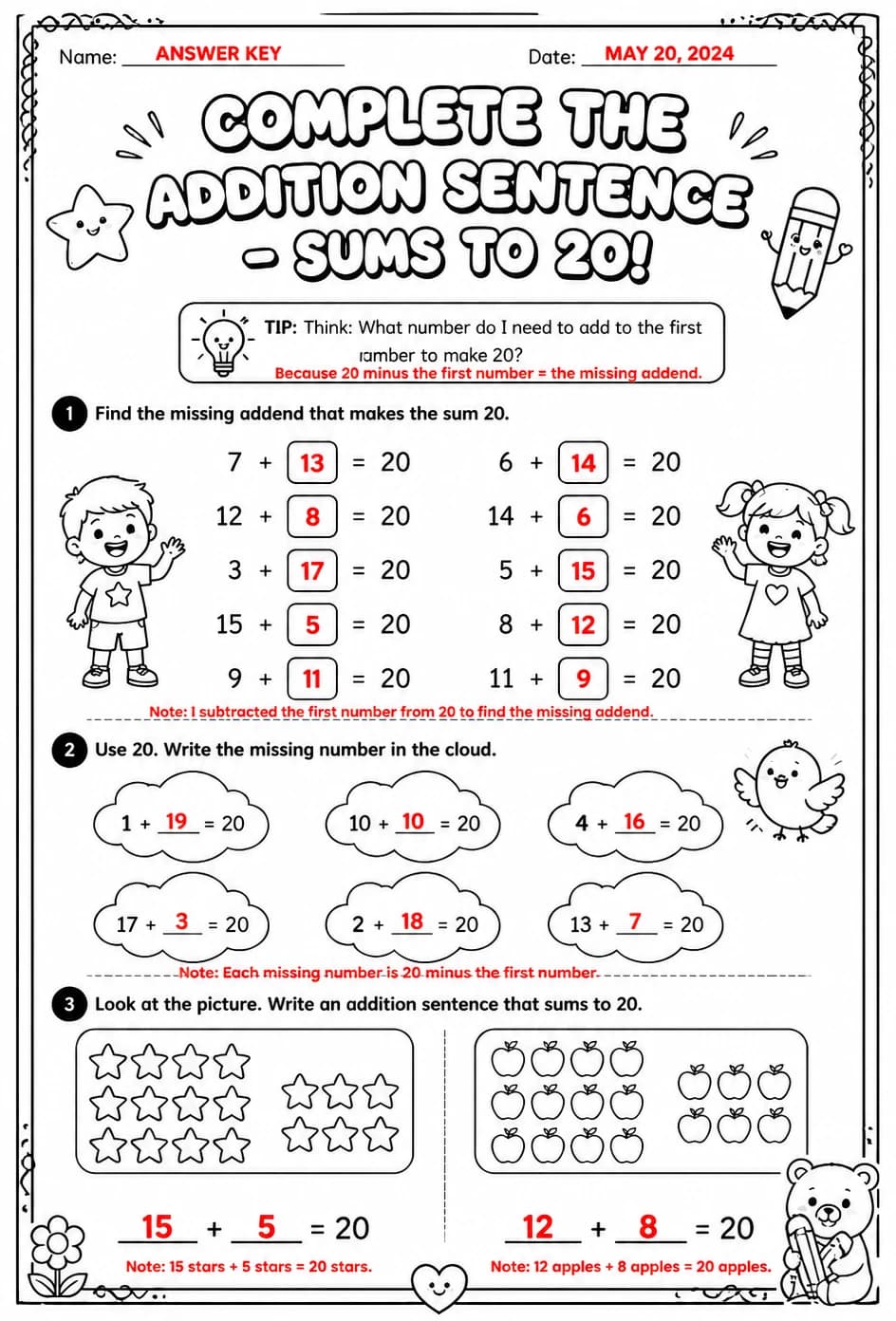 Answer key for Complete the addition sentence - sums to 20 — free printable Math worksheet