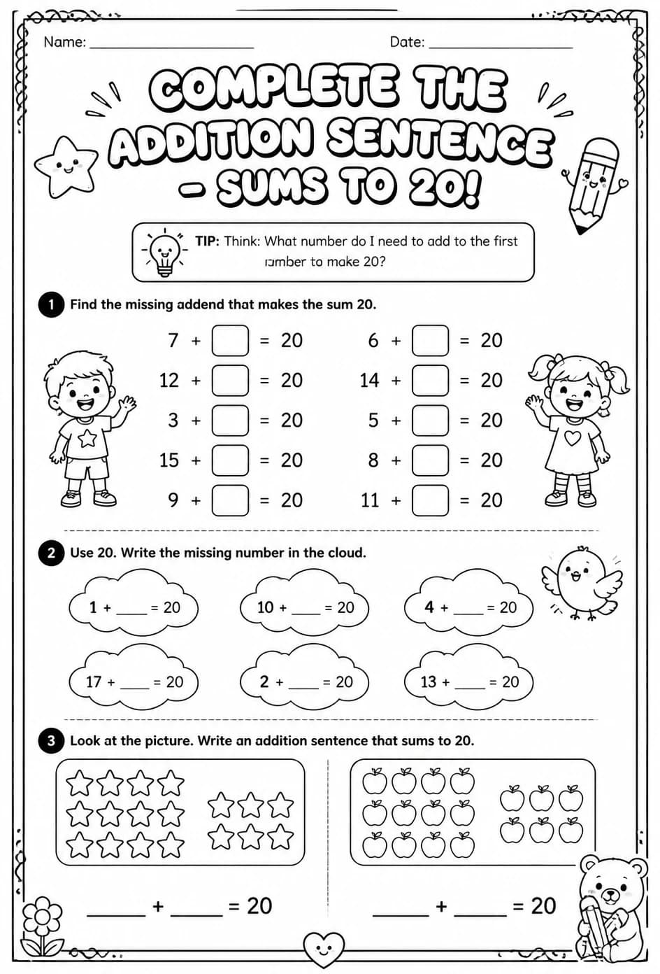 Complete the addition sentence - sums to 20 — free printable Grade 2 math worksheet