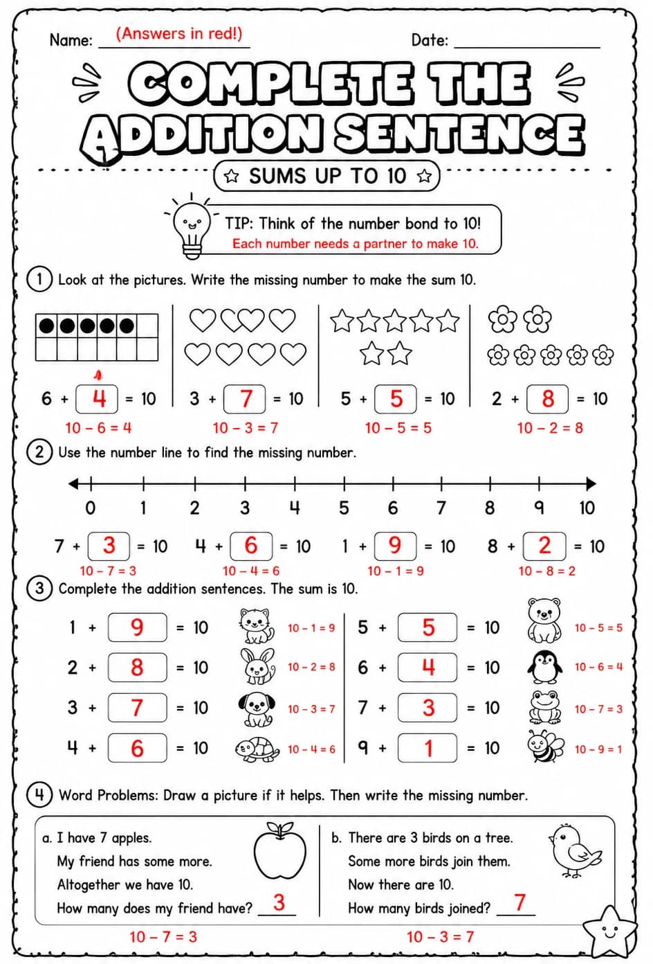 Answer key for Complete the addition sentence - sums up to 10 — free printable Math worksheet