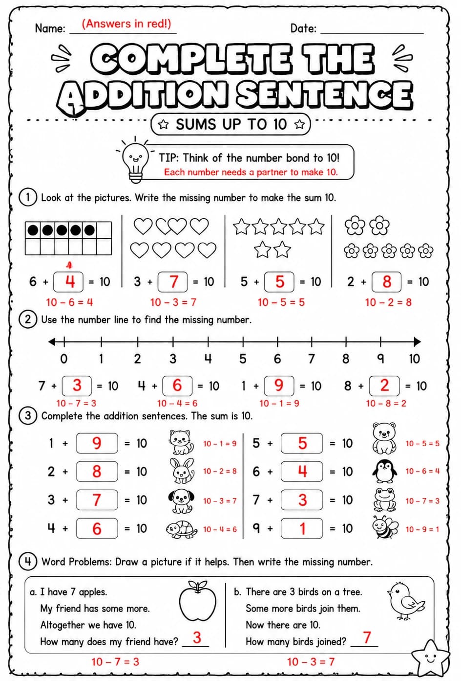Answer key for Complete the addition sentence - sums up to 10 — free printable Math worksheet