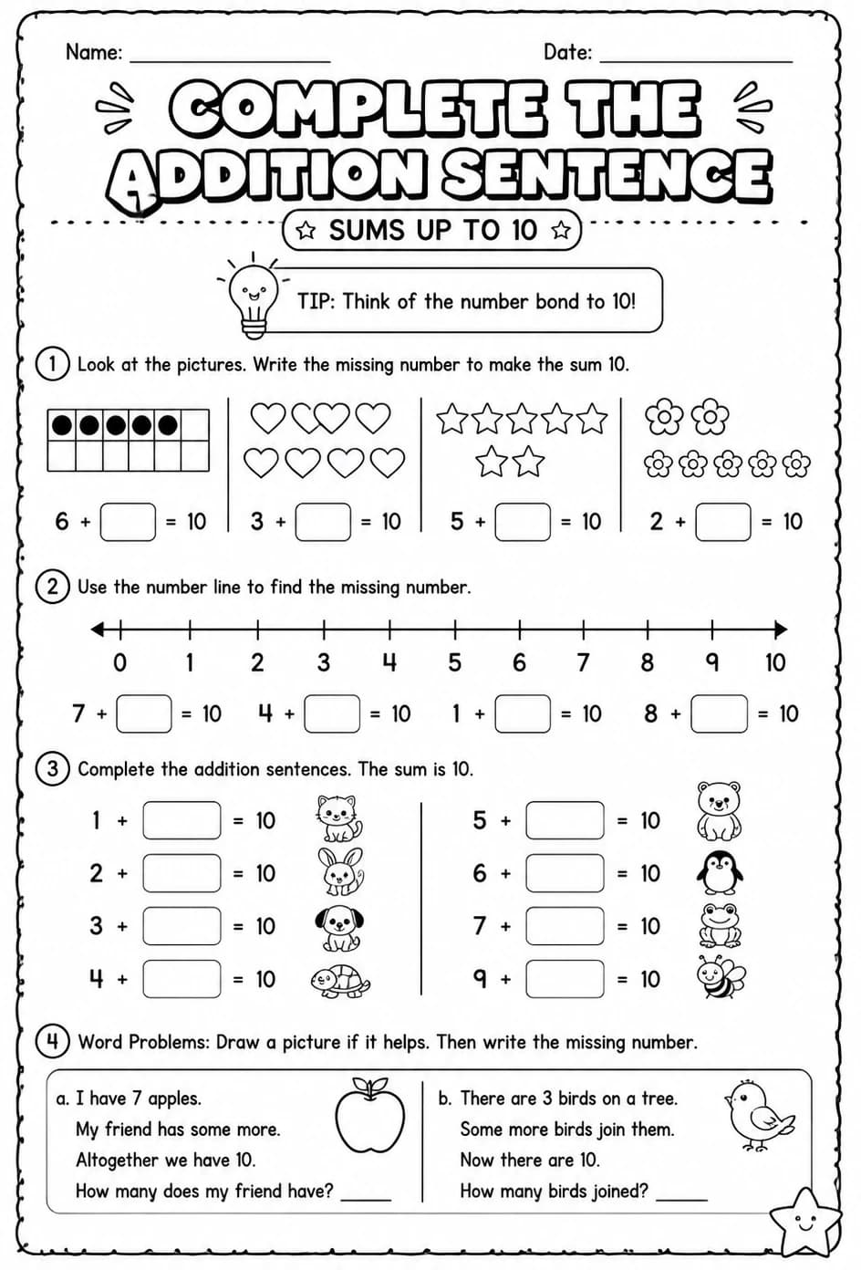 Complete the addition sentence - sums up to 10 — free printable Grade 1 math worksheet