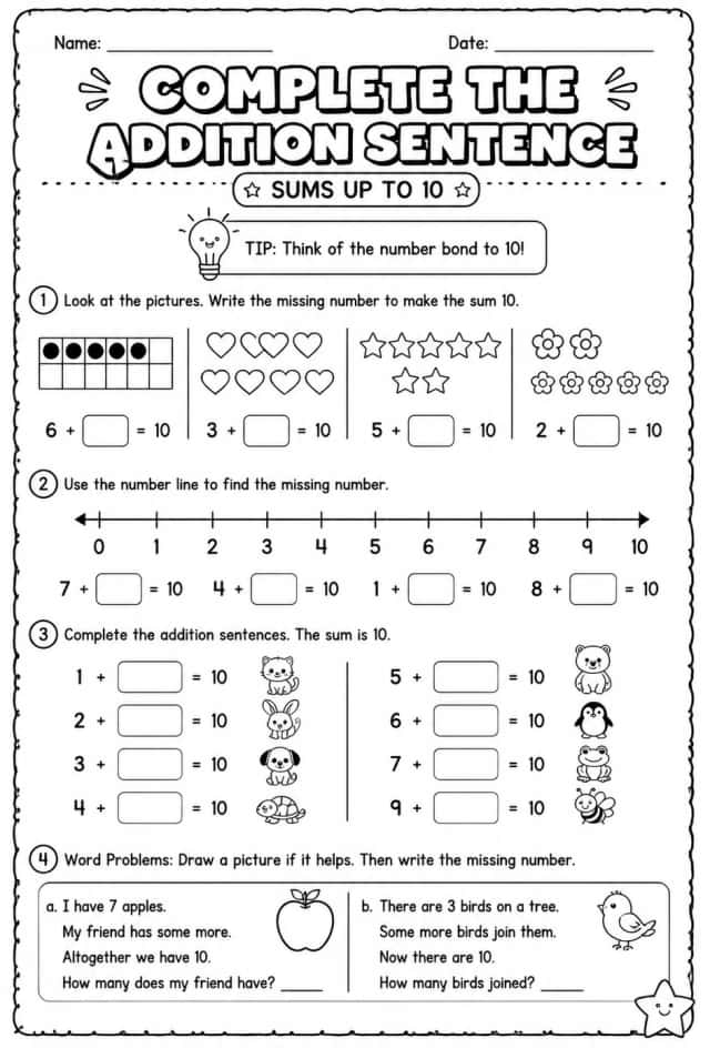 Complete the addition sentence - sums up to 10