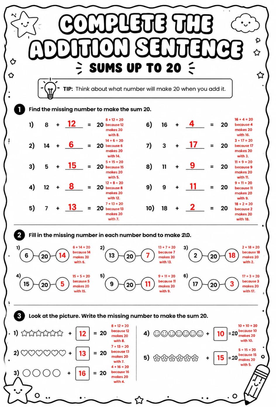 Answer key for Complete the addition sentence - sums up to 20 — free printable Math worksheet