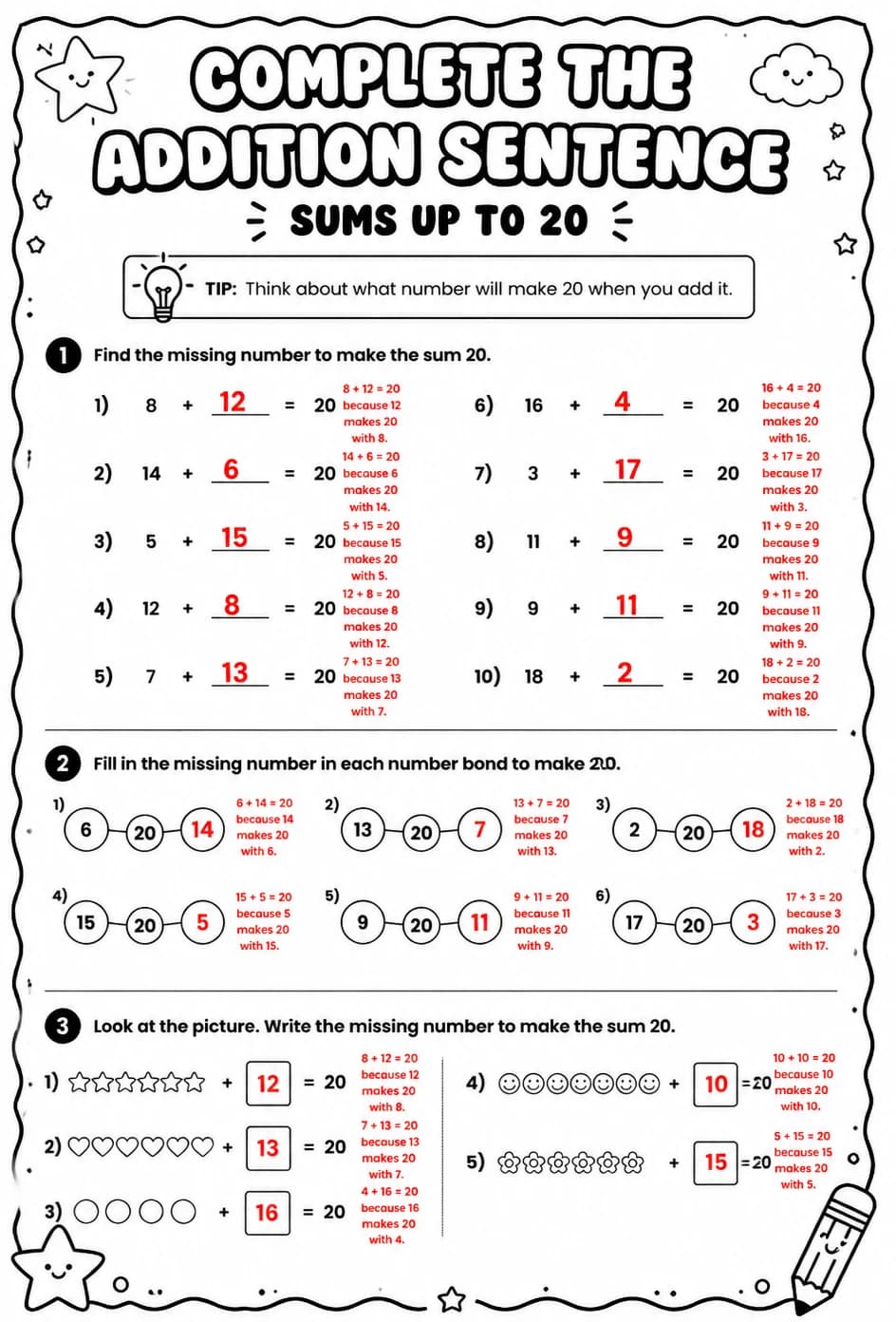 Answer key for Complete the addition sentence - sums up to 20 — free printable Math worksheet
