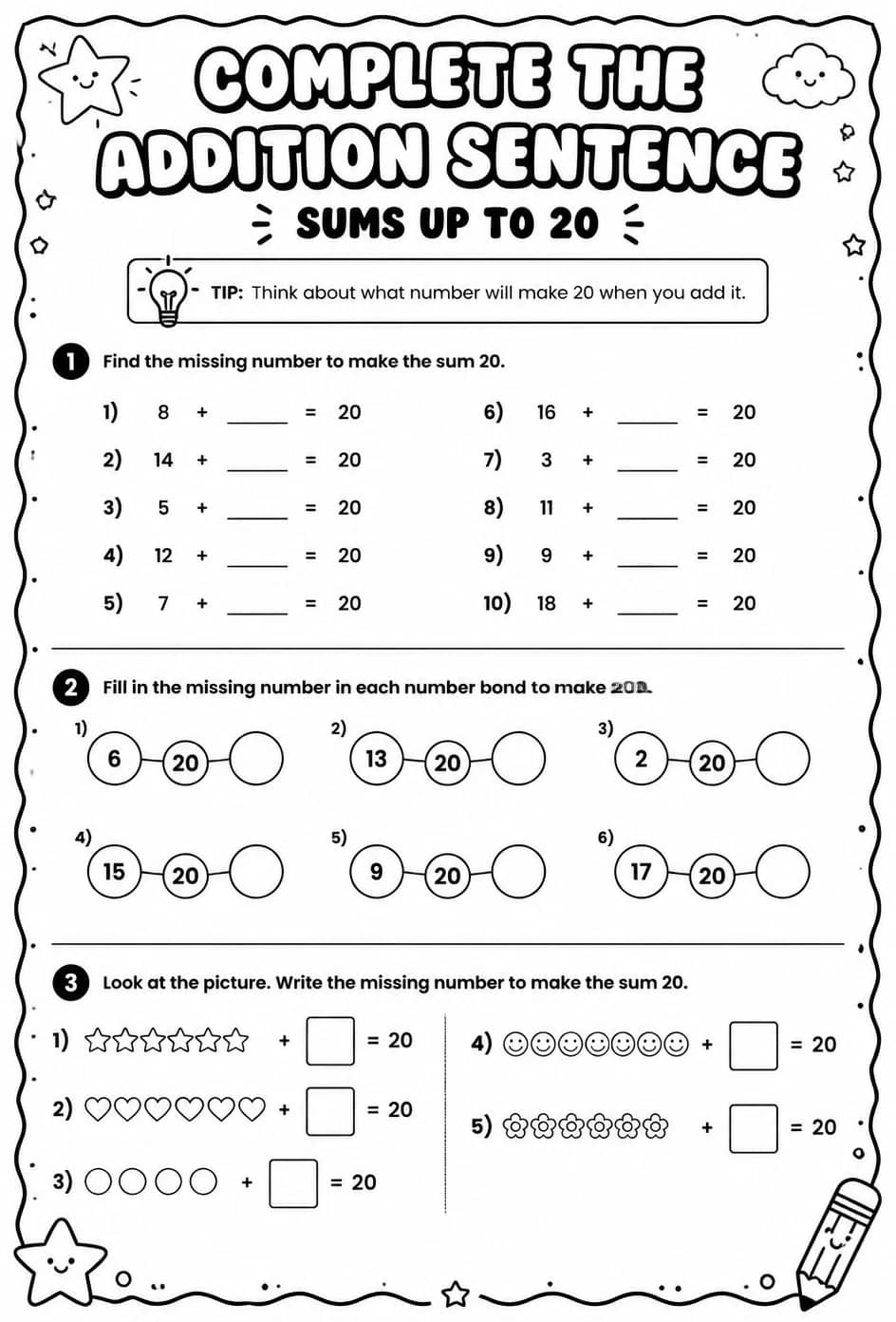 Complete the addition sentence - sums up to 20 — free printable Grade 1 math worksheet