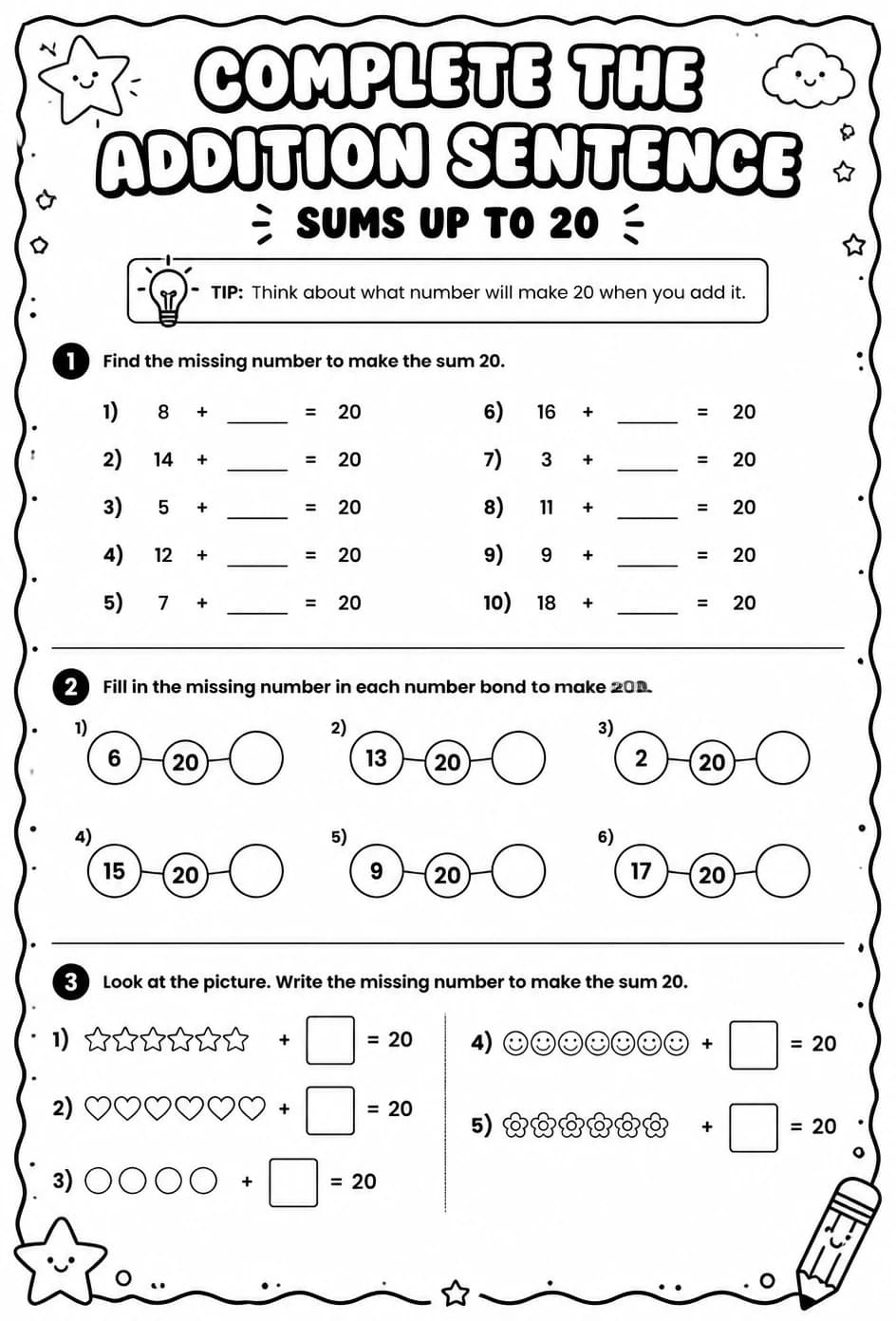 Complete the addition sentence - sums up to 20 — free printable Grade 1 math worksheet