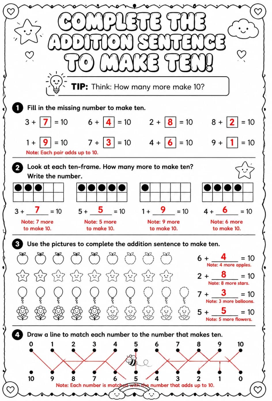 Answer key for Complete the addition sentence to make ten — free printable Math worksheet
