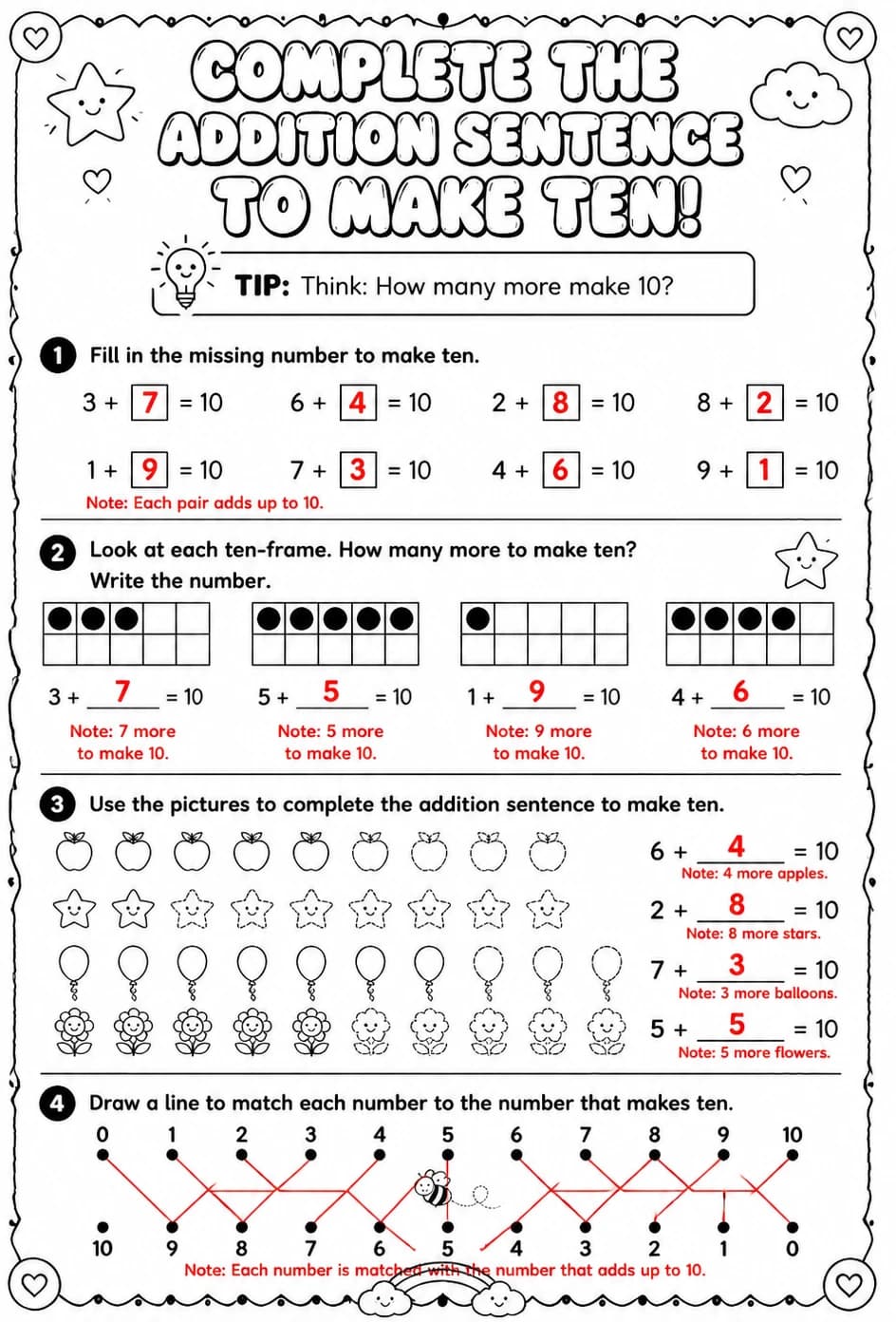 Answer key for Complete the addition sentence to make ten — free printable Math worksheet