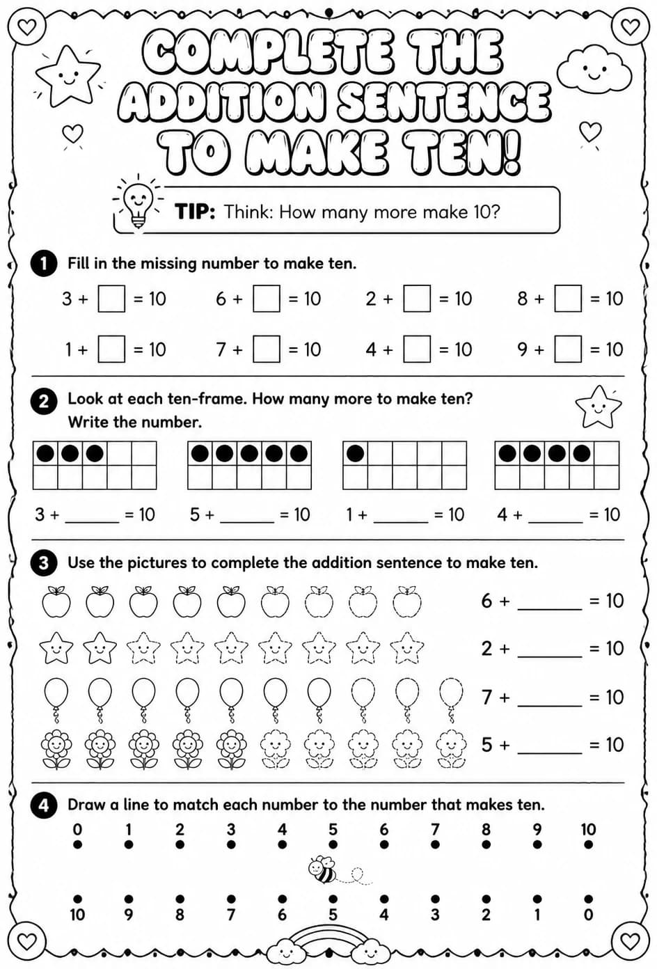 Complete the addition sentence to make ten — free printable Grade 1 math worksheet