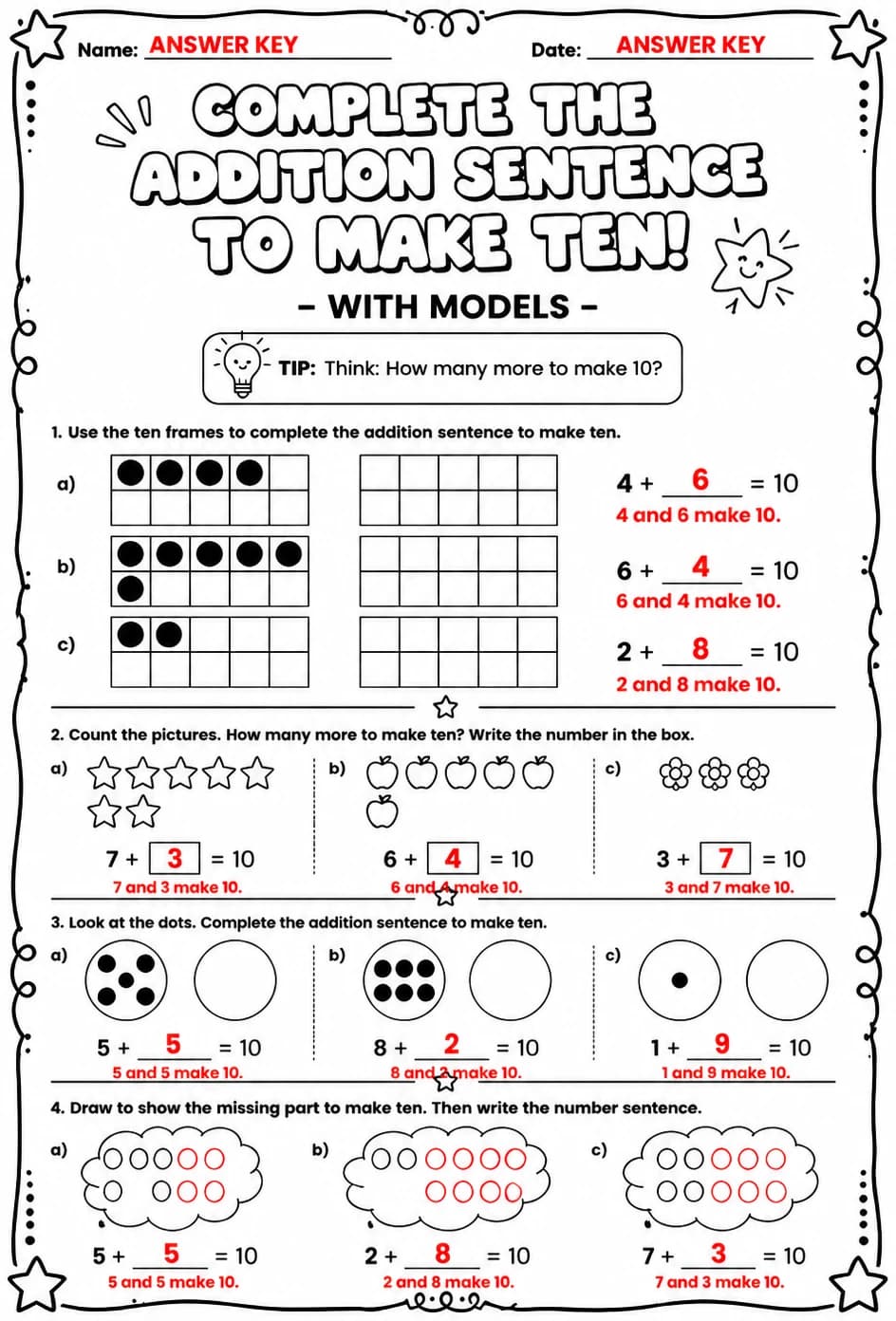 Answer key for Complete the addition sentence to make ten - with models — free printable Math worksheet