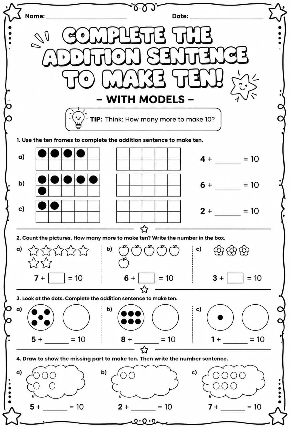 Complete the addition sentence to make ten - with models — free printable Grade 1 math worksheet