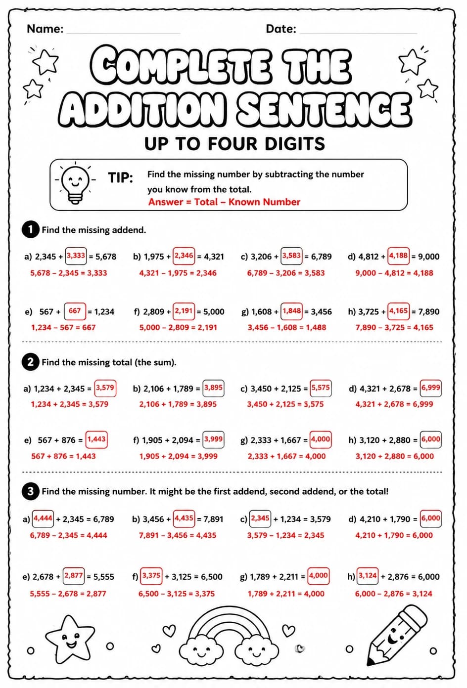 Answer key for Complete the addition sentence: up to four digits — free printable Math worksheet