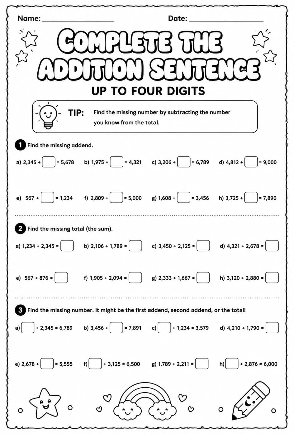 Complete the addition sentence: up to four digits — free printable Grade 3 math worksheet
