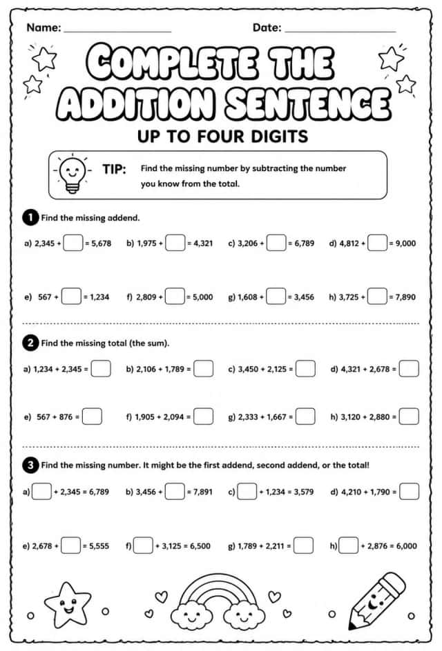 Complete the addition sentence: up to four digits