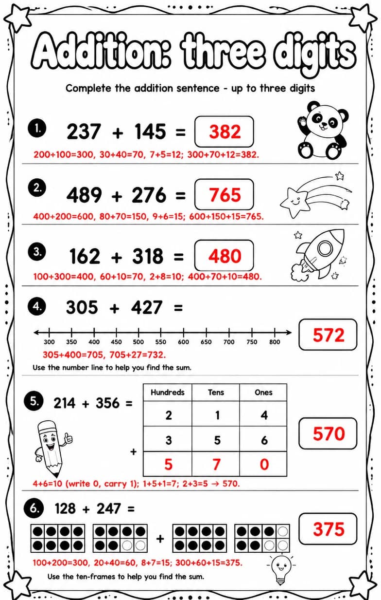 Answer key for Complete the addition sentence - up to three digits — free printable Math worksheet
