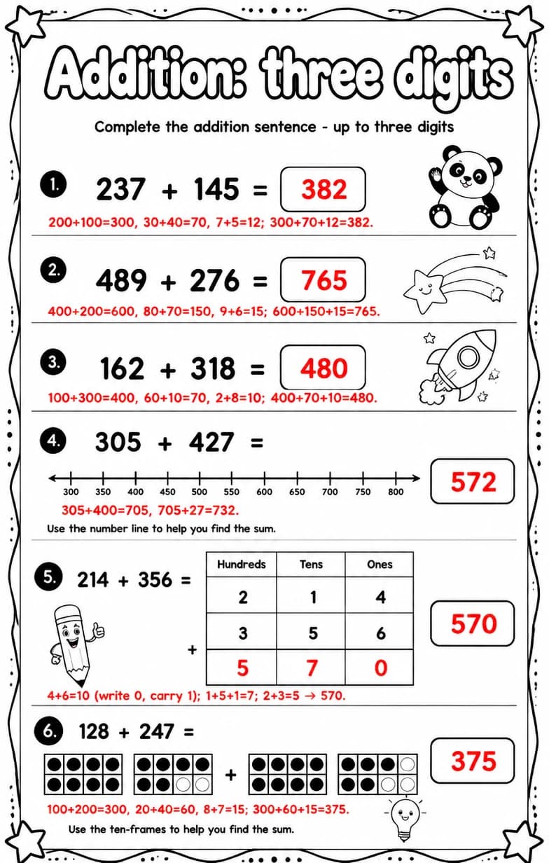 Answer key for Complete the addition sentence - up to three digits — free printable Math worksheet