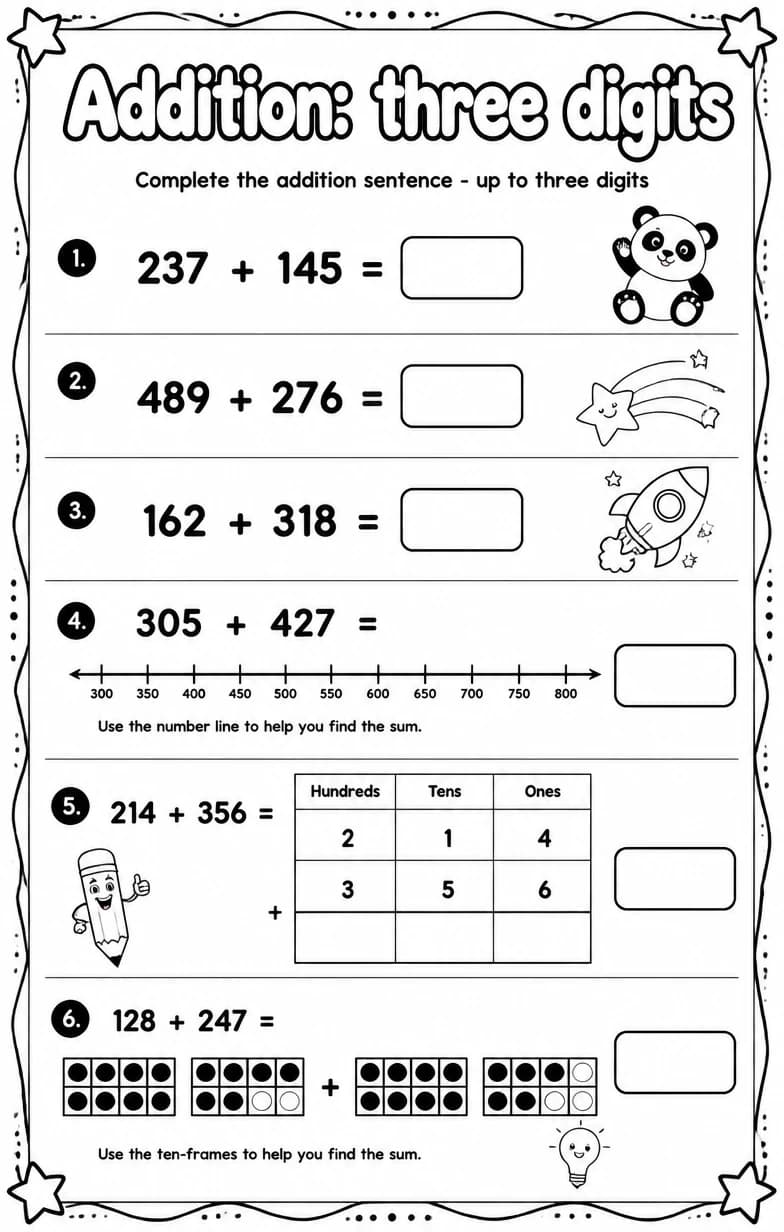 Complete the addition sentence - up to three digits — free printable Grade 2 math worksheet