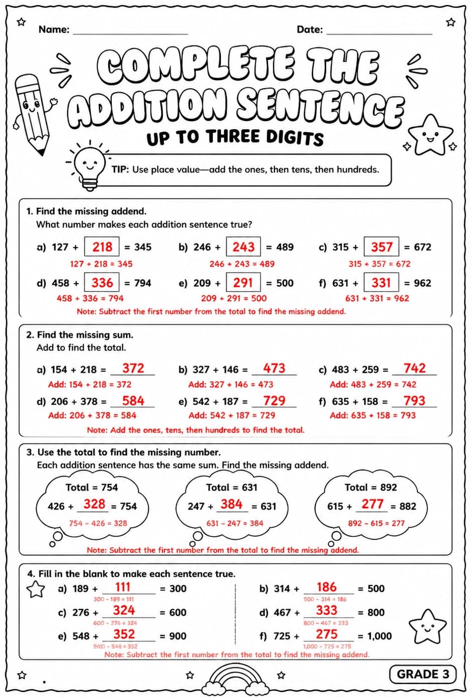 Answer key for Complete the addition sentence: up to three digits — free printable Math worksheet