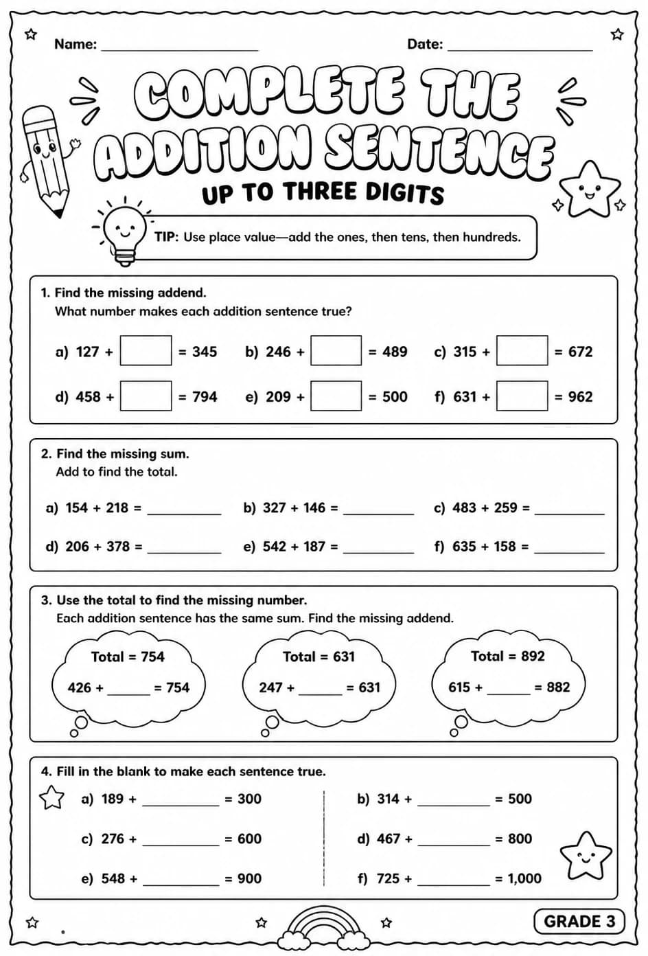 Complete the addition sentence: up to three digits — free printable Grade 3 math worksheet
