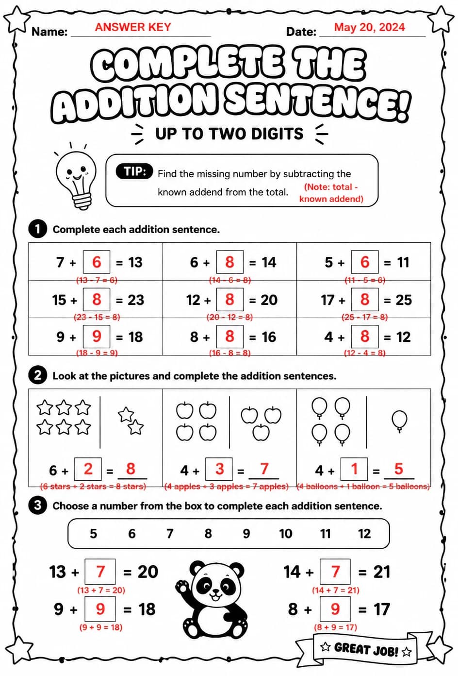 Answer key for Complete the addition sentence - up to two digits — free printable Math worksheet