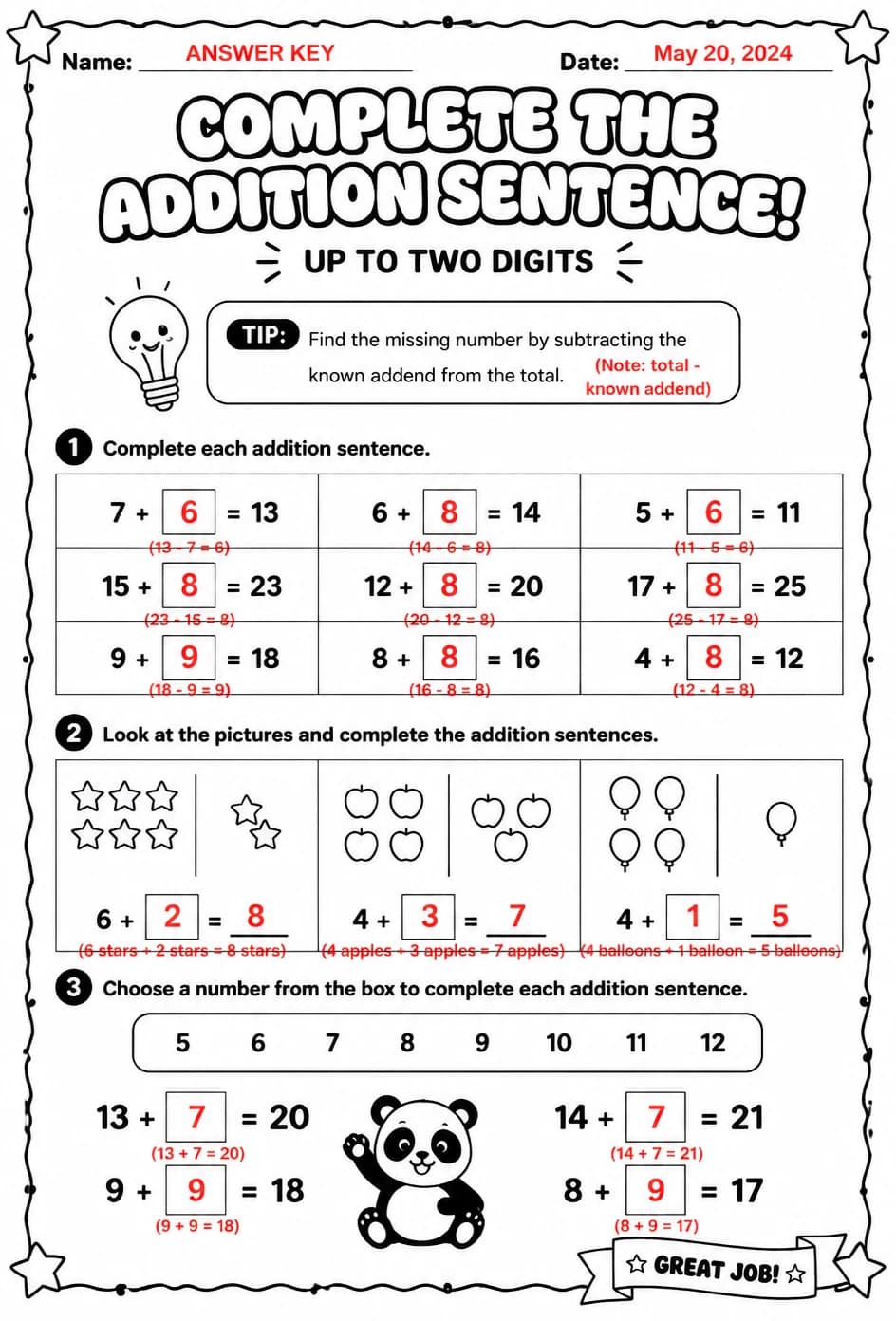 Answer key for Complete the addition sentence - up to two digits — free printable Math worksheet