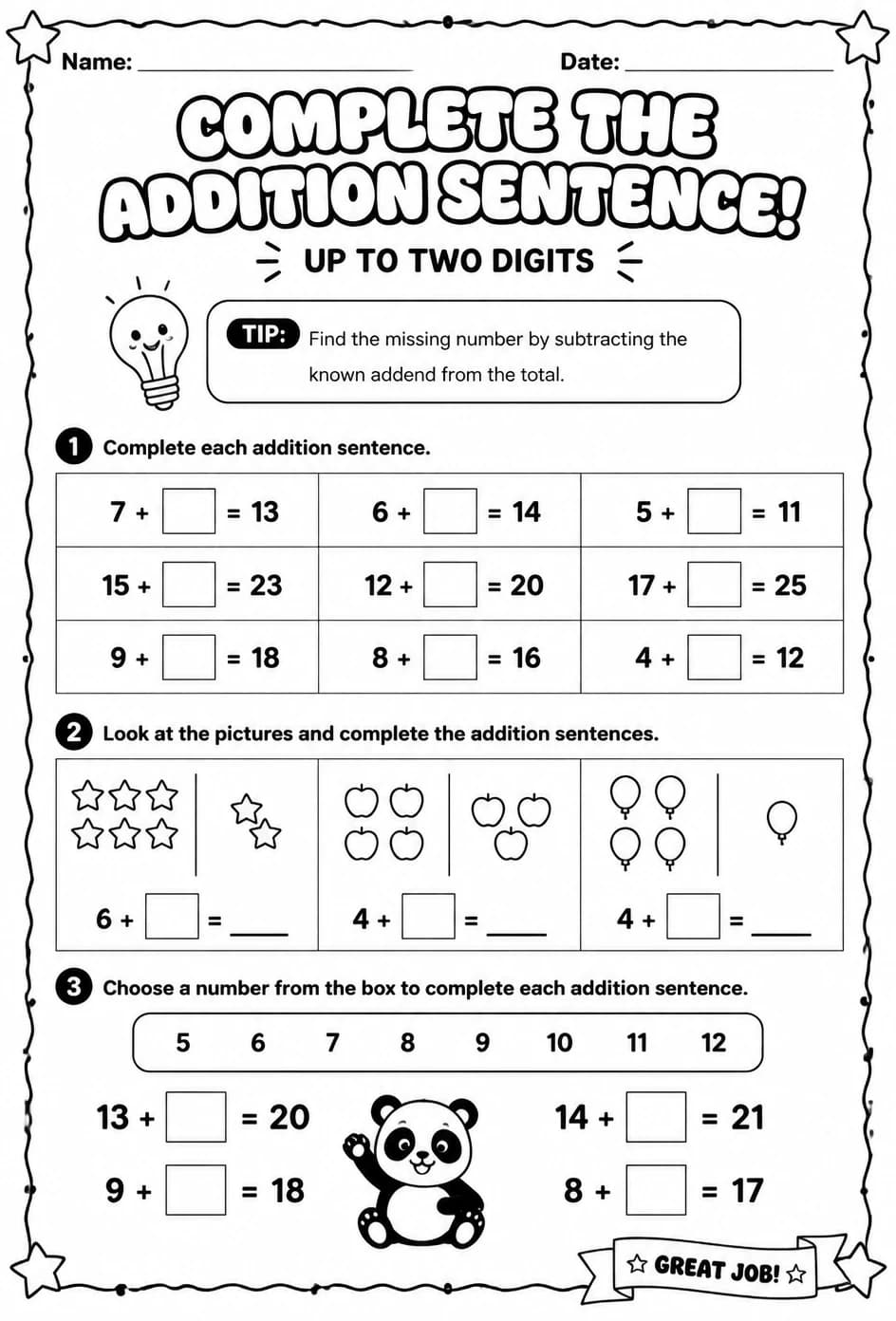 Complete the addition sentence - up to two digits — free printable Grade 2 math worksheet