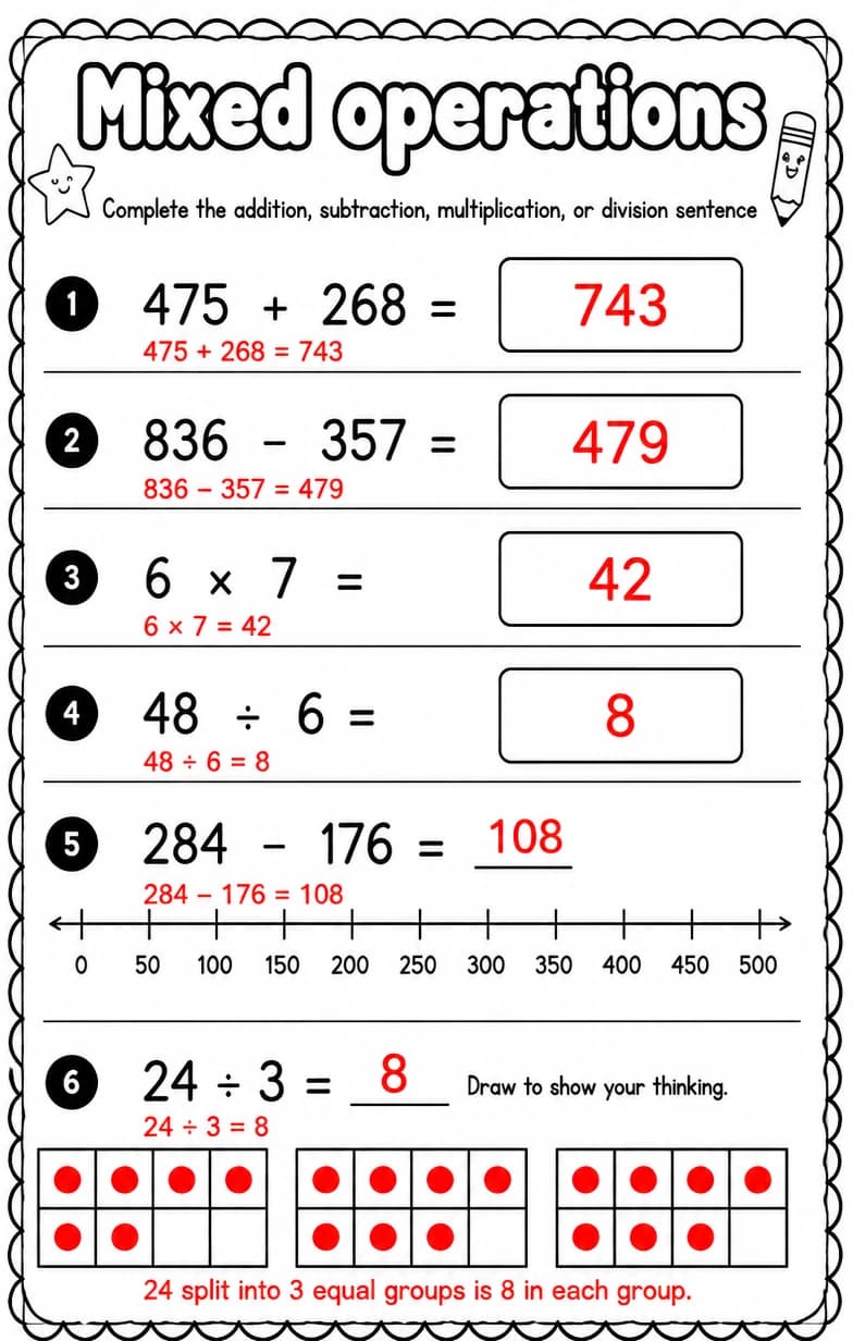 Answer key for Complete the addition, subtraction, multiplication, or division sentence — free printable Math worksheet