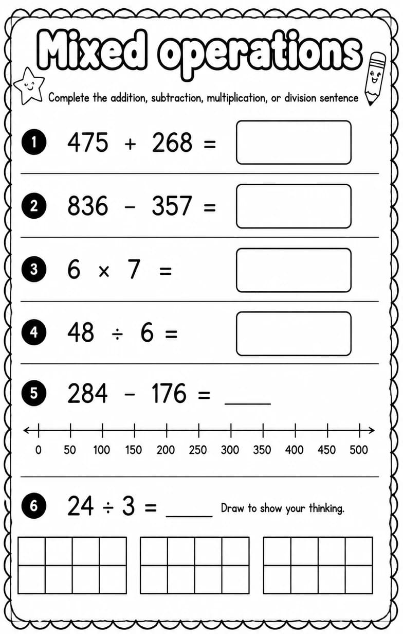 Complete the addition, subtraction, multiplication, or division sentence — free printable Grade 3 Math worksheet