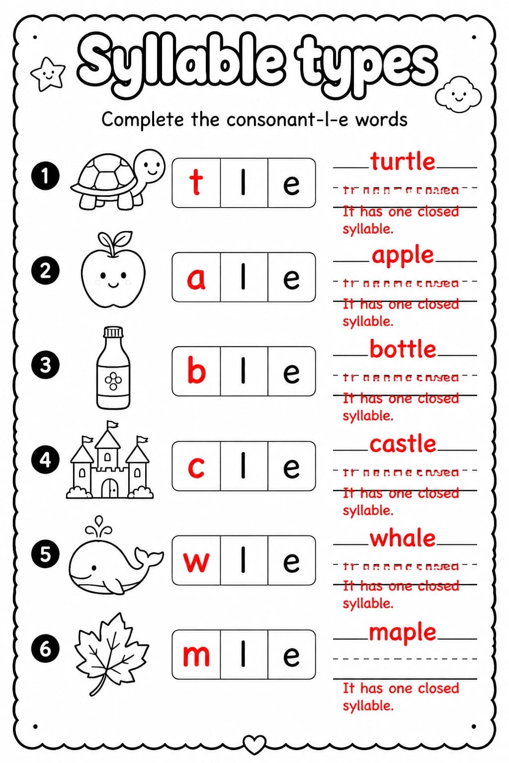 Answer key for Complete the consonant-l-e words — free printable English & Reading worksheet