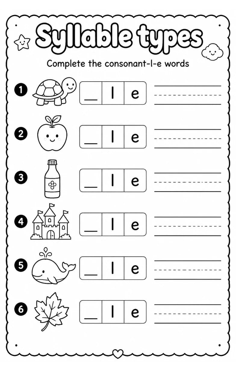 Complete the consonant-l-e words — free printable Reading foundations English worksheet