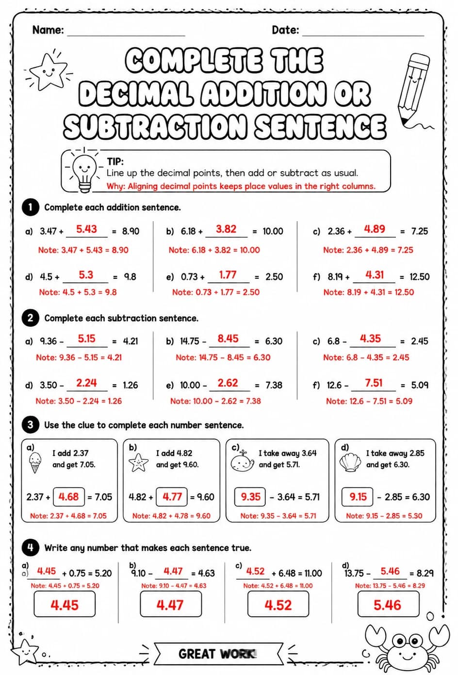Answer key for Complete the decimal addition or subtraction sentence — free printable Math worksheet