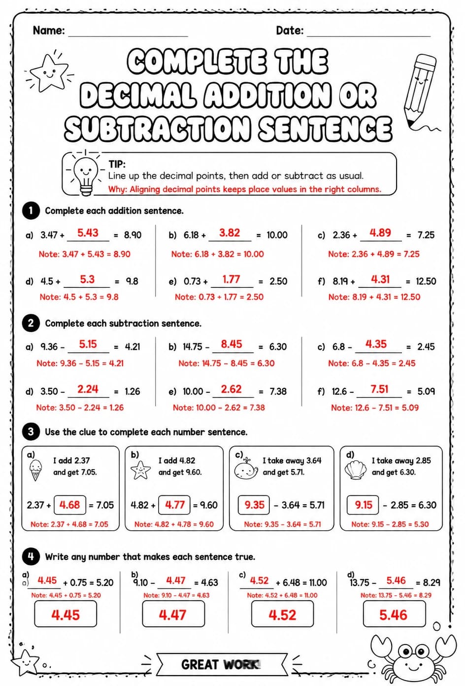 Answer key for Complete the decimal addition or subtraction sentence — free printable Math worksheet