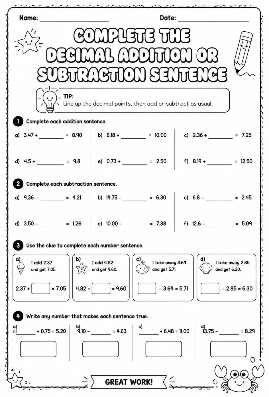 Complete the decimal addition or subtraction sentence — free printable Grade 5 math worksheet