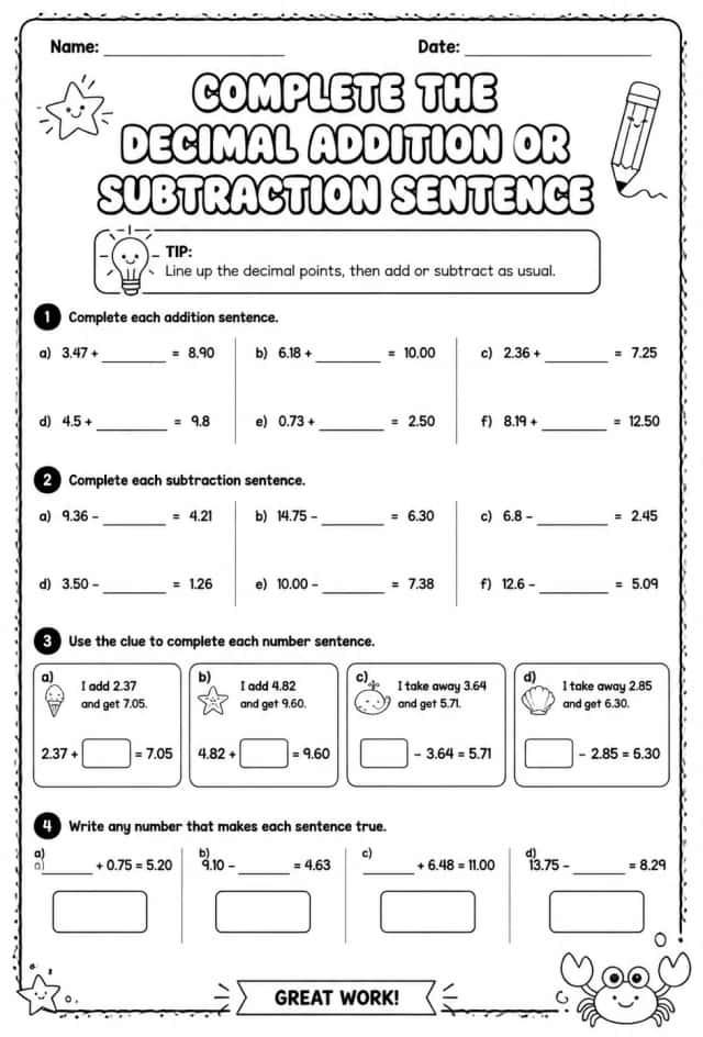 Complete the decimal addition or subtraction sentence