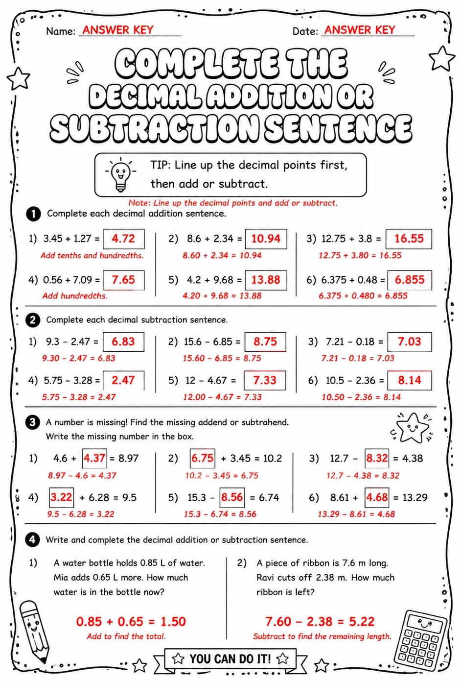 Answer key for Complete the decimal addition or subtraction sentence — free printable Math worksheet
